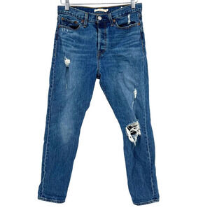 Levi's women's button fly wedgie high rise distressed denim blue jeans size 29
